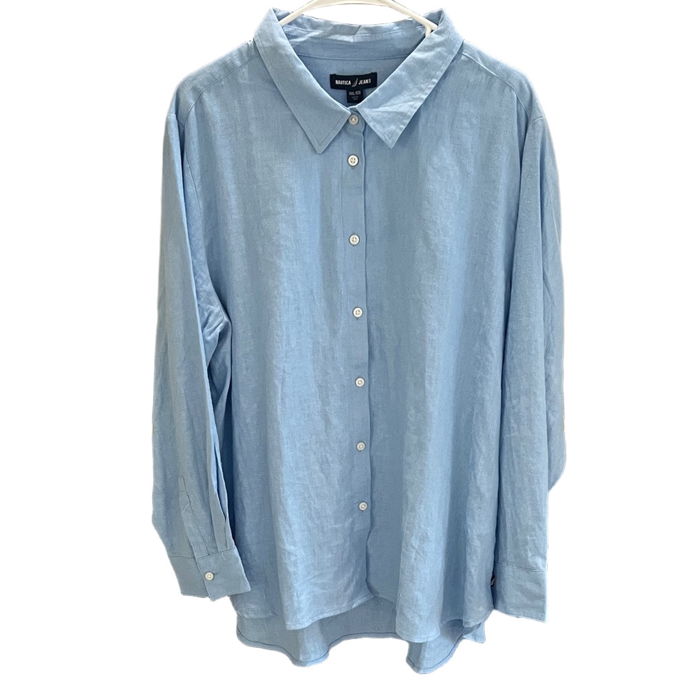Nautica Linen Blend Light Blue Button-Down Shirt Women’s
